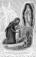 [Estampa francesa de 1867 titulada "La primera oración a Nuestra Señora de Lourdes"]