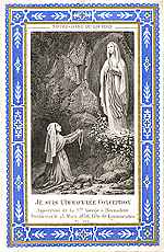 [Estampa francesa de finales del siglo XIX en la que se conmemora la aparición de la Virgen a santa Bernardette el 25 de marzo de 1858]