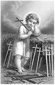 [Estampa francesa del finales del siglo XIX que representa al Niño Jesús junto al pesebre cargando una pequeña cruz]
